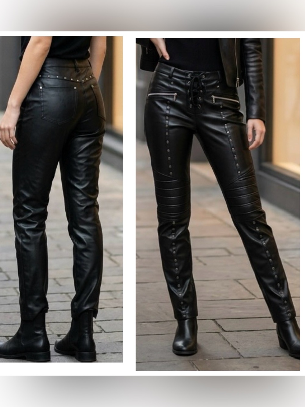 Women’s Black Faux Leather Lace-Up Goth biker mid rise studded pull on Moto Pant